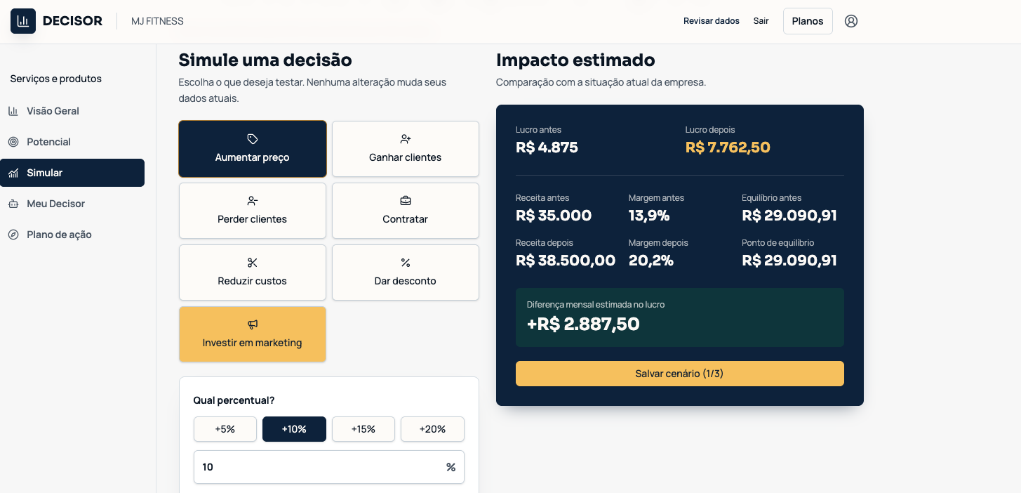 Tela do DECISOR: Simule uma decisão e painel Impacto estimado (valores demonstrativos)